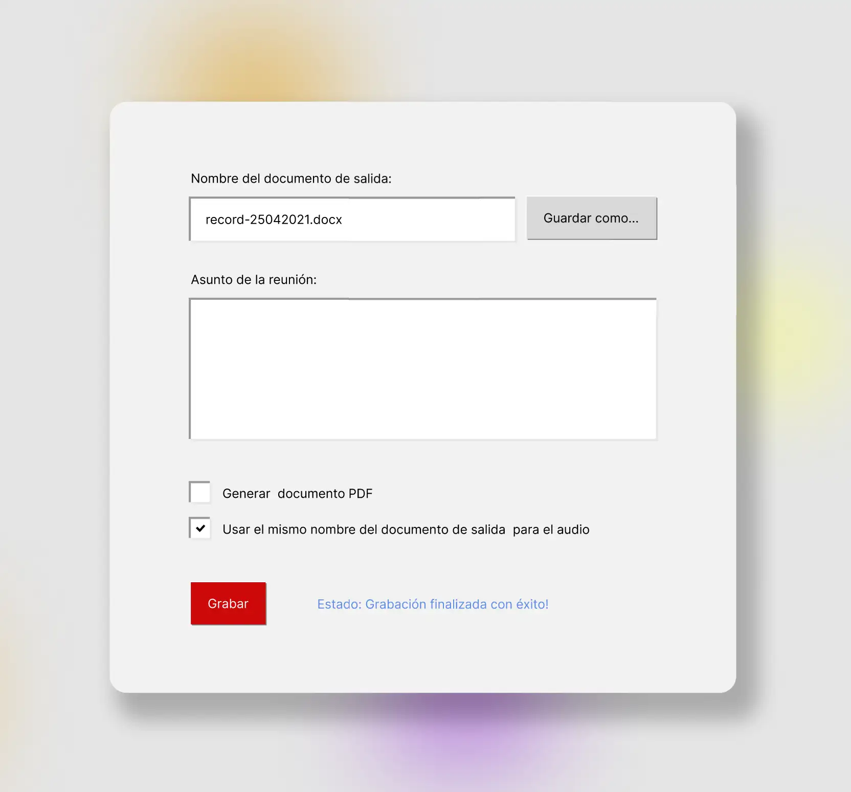 Transform the audio input into an output document (doc or pdf).